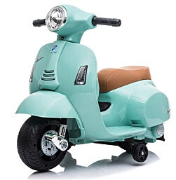 בימבה אופנוע ממונעת 6V וספה VESPA עם גלגלי עזר מונע התהפכות אורות ואפקטים קוליים בעברית - טורקיז