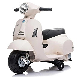 בימבה אופנוע ממונעת 6V וספה VESPA עם גלגלי עזר מונע התהפכות אורות ואפקטים קוליים בעברית - לבן