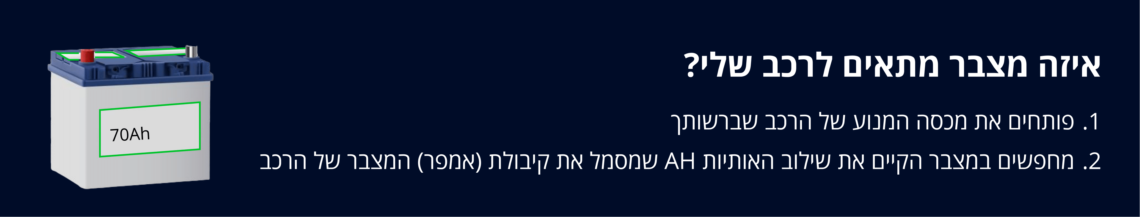 איזה מצבר מתאים לרכב שלי? פותחים את מכסה המנוע של הרכב שברשותך ומחפשים המצבר הקיים את שילוב האותית AH שמסמל את קיבולת אמפר המצבר של הרכב